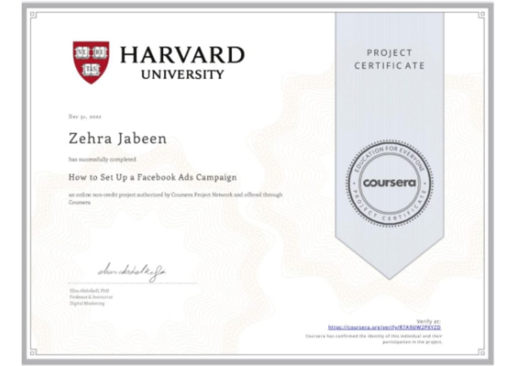 Harvard University Facebook ads campaign certificate