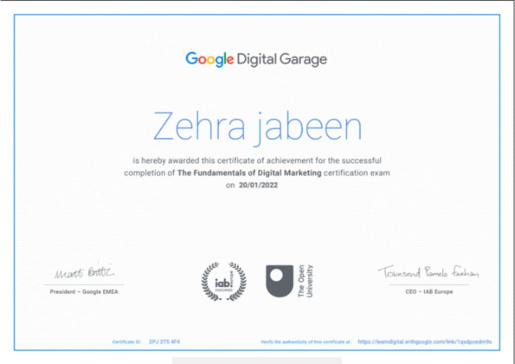 Zehra google digital marketing certificate